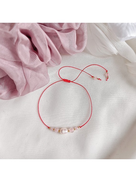 Bransoletka z perłą i kwarcem różowym na sznurku na szczęście