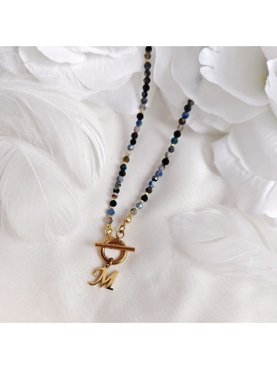 naszyjnik z literką z turmalinem lapisem obsydianem