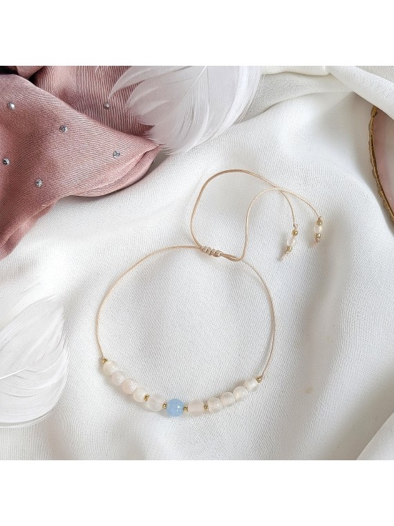 Bransoletka z akwamarynem kwarcem różowym i agatem