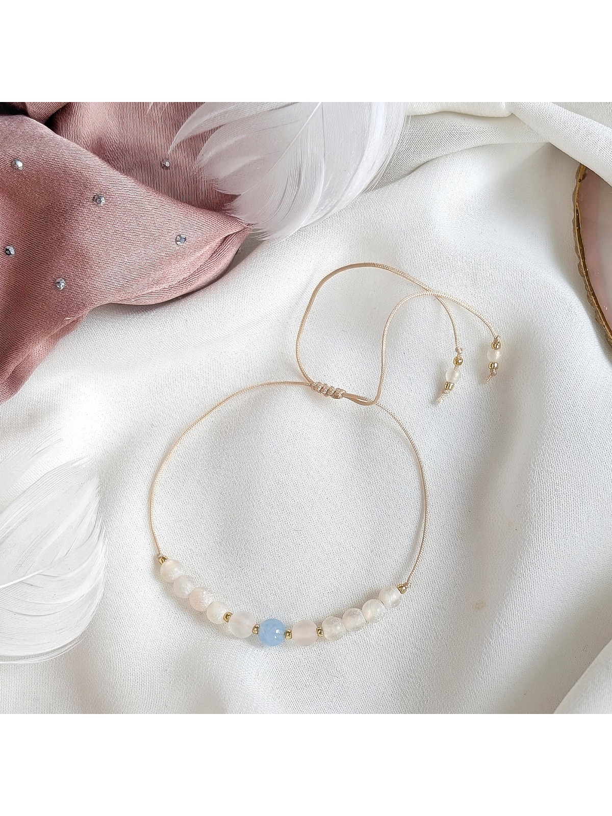 Bransoletka z akwamarynem kwarcem różowym i agatem