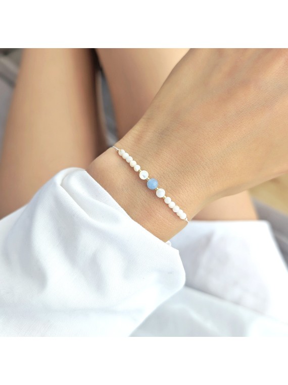 Sznurkowa Bransoletka z masą perłową i akwamarynem