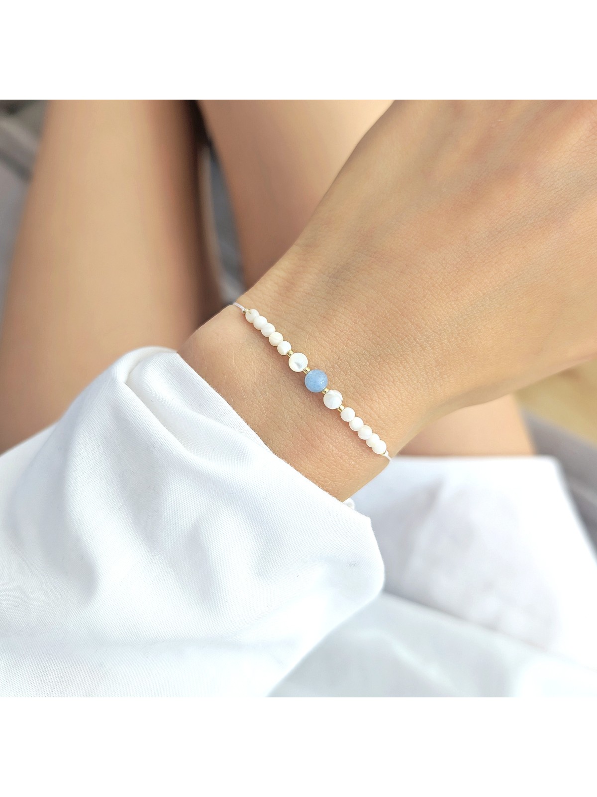 Sznurkowa Bransoletka z masą perłową i akwamarynem