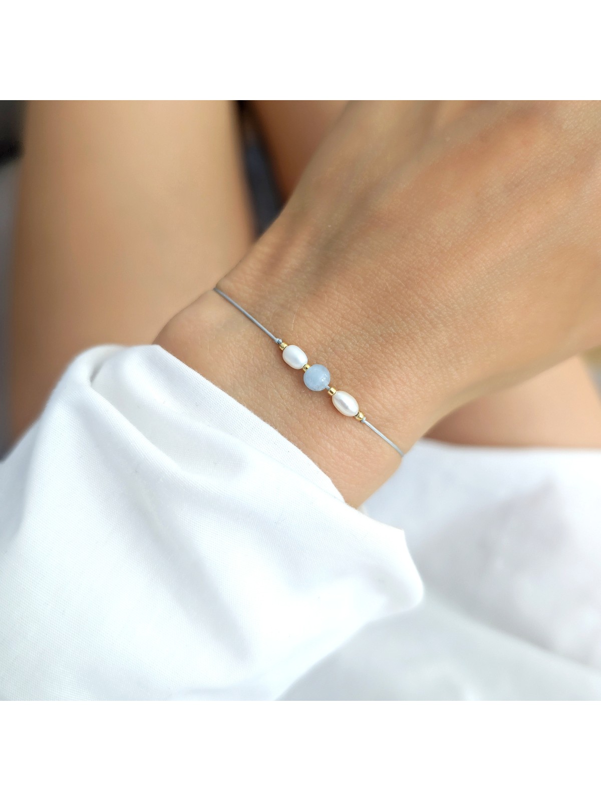 Bransoletka z perłą i akwamarynem na sznurku