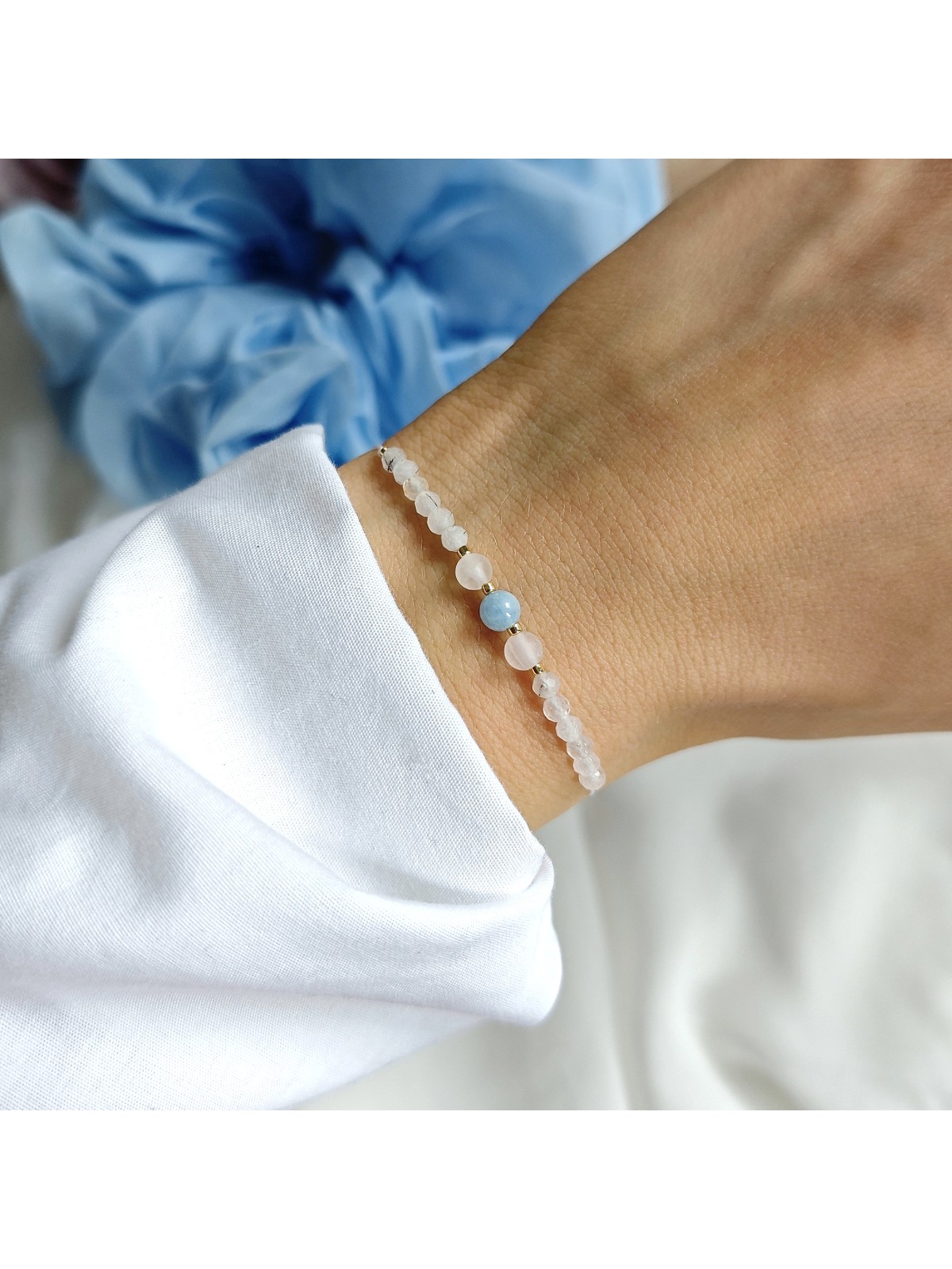 Bransoletka z akwamarynem kwarcem różowym i kryształem górskim