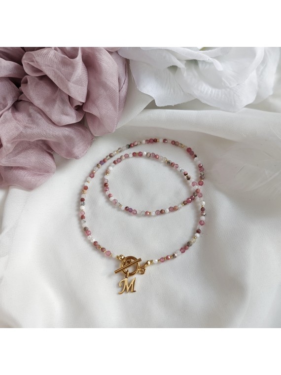 Naszyjnik z Literką Turmalin Agat Rodonit Kwarc