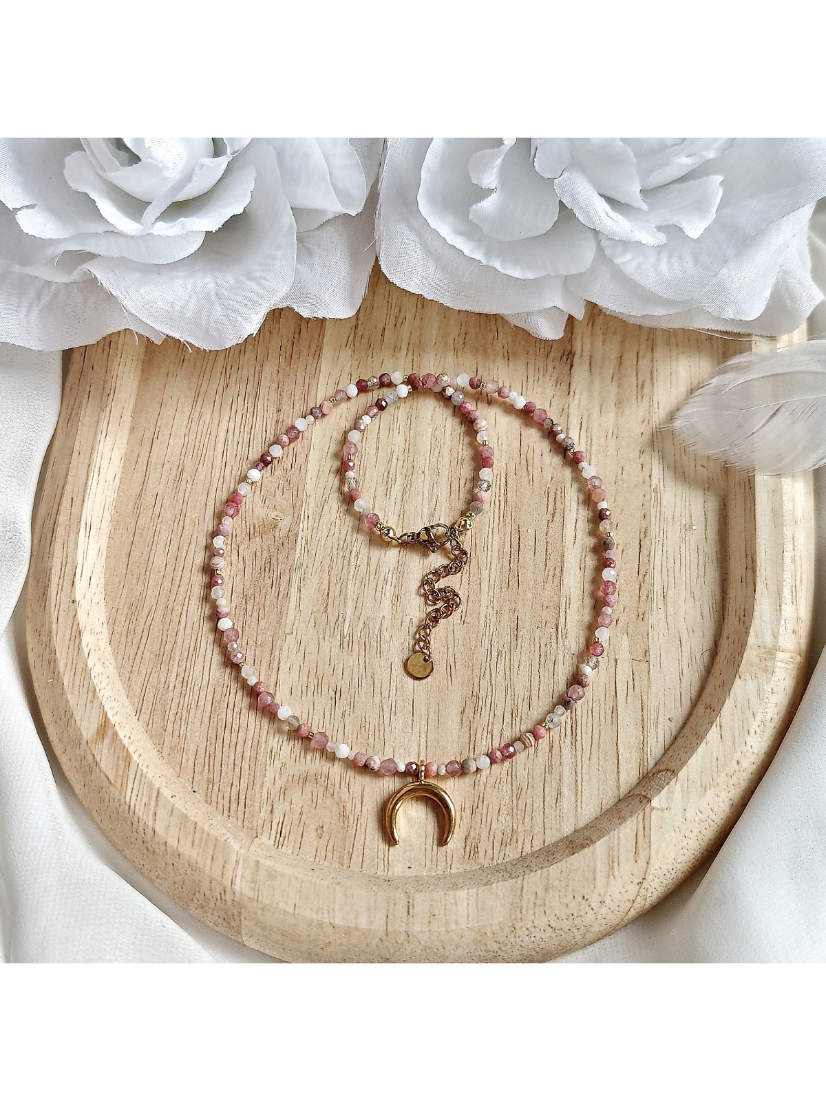 Naszyjnik Lunula z Półksiężycem Turmalin Opal Rodonit Agat