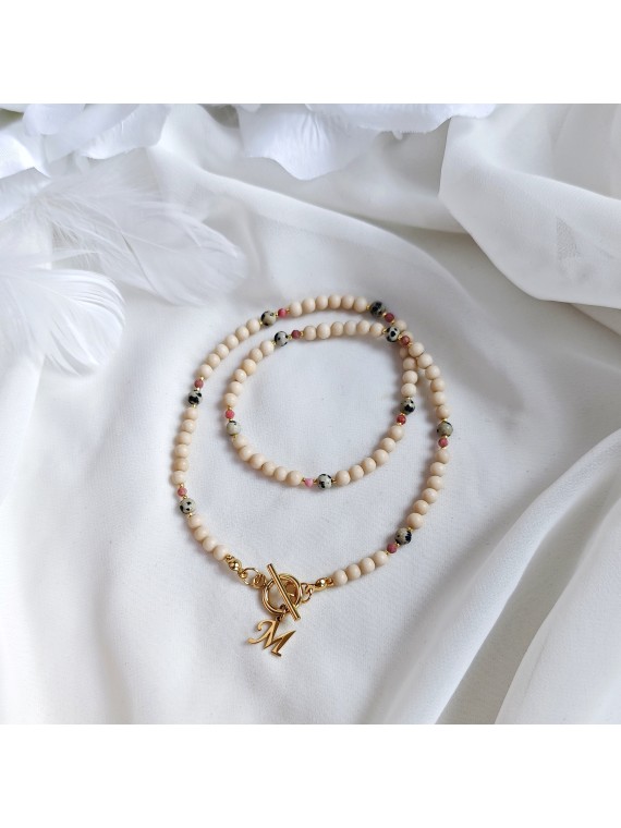 Naszyjnik kamień rzeczny jaspis i rodonit z literką