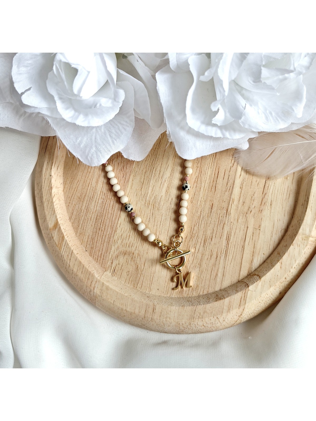 Naszyjnik z kamieni naturalnych kamienia rzecznego, jaspisu i rodonitu