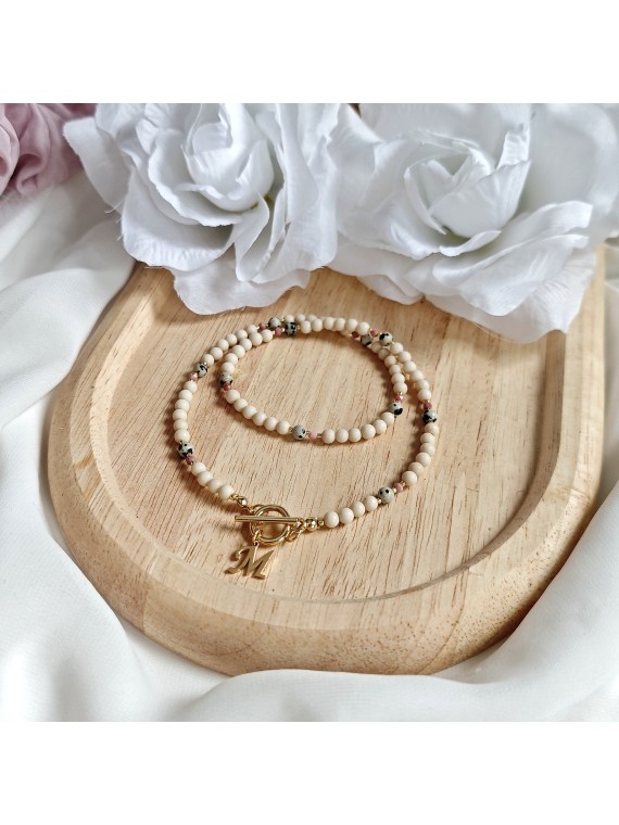 Ręcznie wykonany naszyjnik z rodonitem jaspisem i kamieniem rzecznym