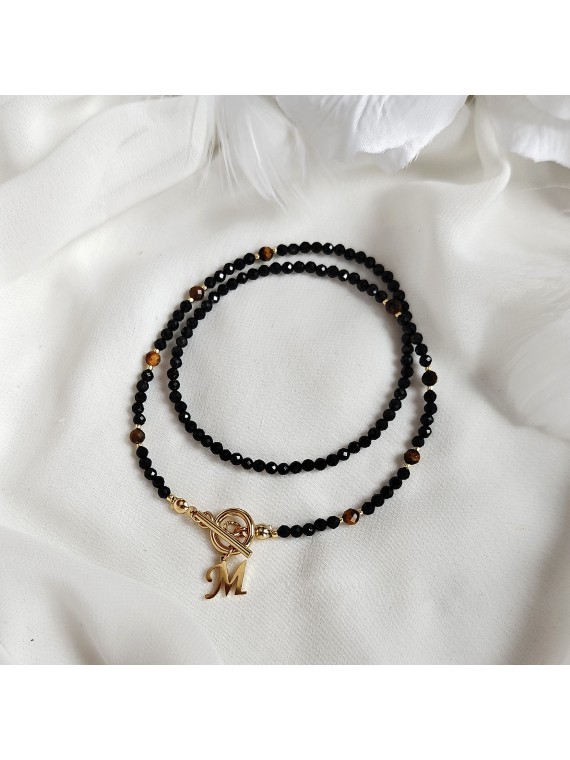 naszyjnik z kamieni naturalnych turmalin i tygrysie oko ze złotą literą