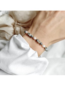 Bransoletka z perłami naturalnymi, amazonitem, jaspisem szarym i jaspisem dalmatyńskim