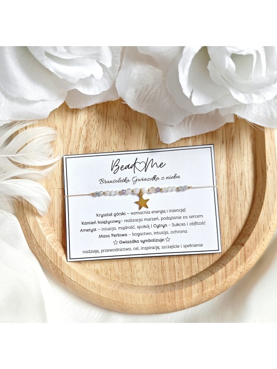 Bransoletka sznurkowa z kamieniami naturalnymi i złotą gwiazdką