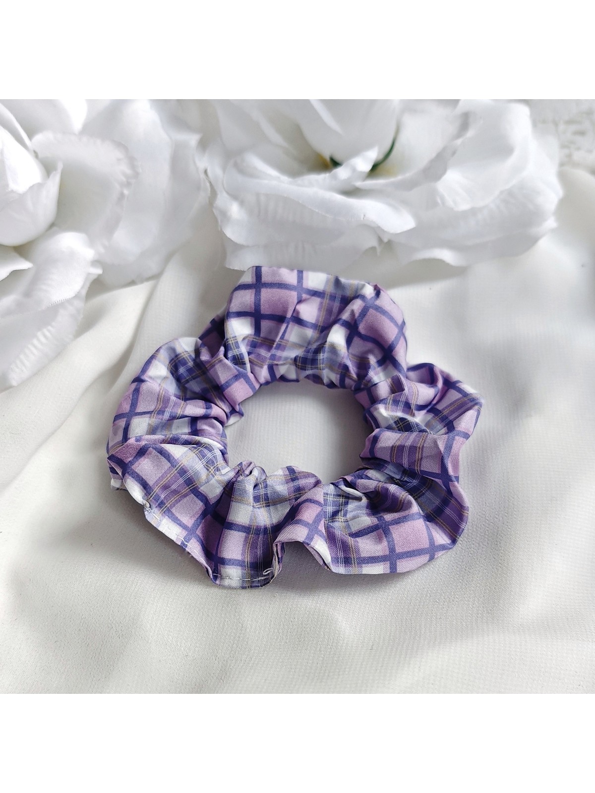 Gumka frotka do włosów scrunchie fioletowa w kratkę