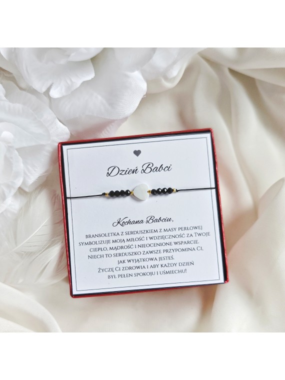 Bransoletka na Dzień Babci Serce z Masy Perłowej Czarna