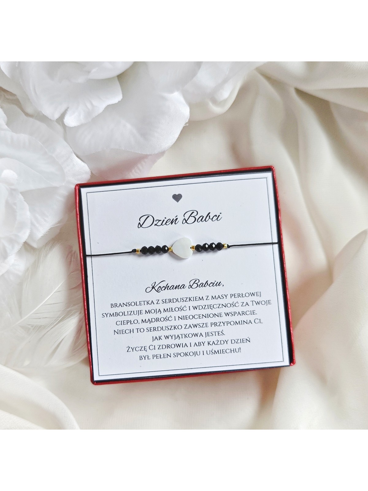 Bransoletka na Dzień Babci Serce z Masy Perłowej Czarna