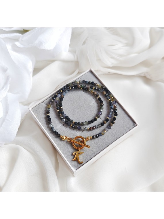 Naszyjnik z kamieni z literką Turmalin Obsydian Liolit