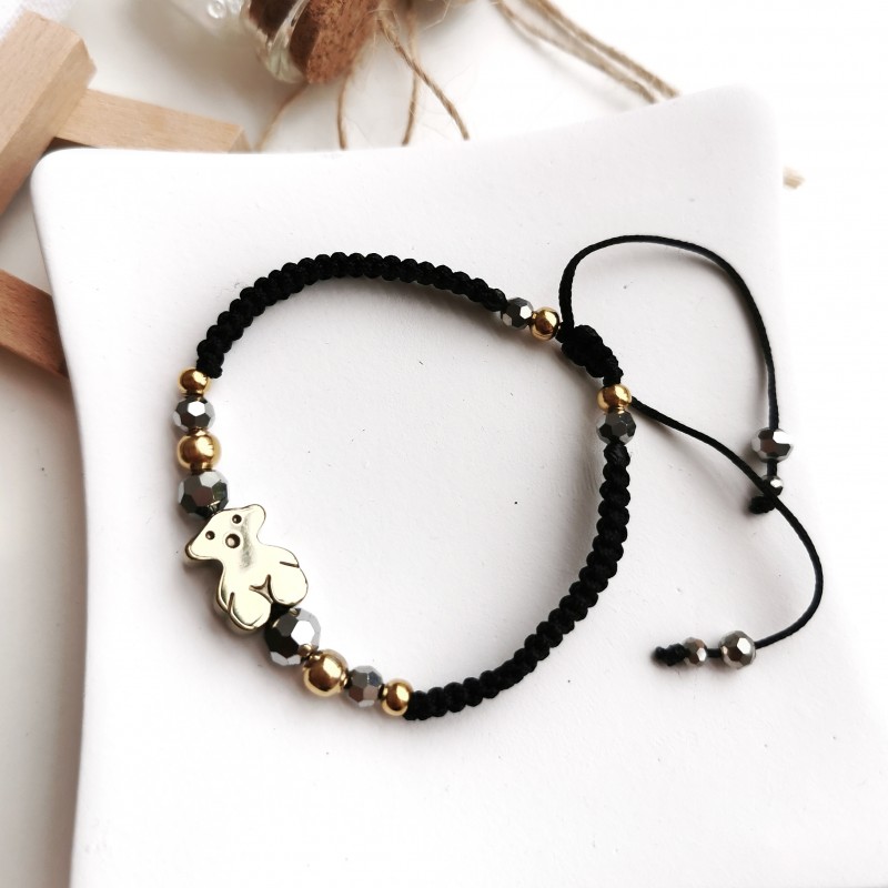 Bransoletka handmade z hematytem na czarnym sznurku Bransoletka handmade z hematytem na czarnym sznurku