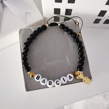 Bransoletka Babcia z grawerem na sznurku z serduszkiem z hematytu