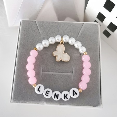 Bransoletka dziecięca z imieniem dziecka z Pereł i różowych koralików