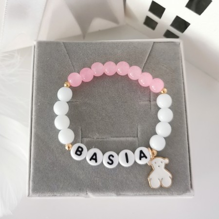 Bransoletka z imieniem dziecka różowa z zawieszką Misiu