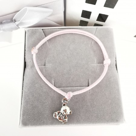 Bransoletka dziecięca na różowym sznurku z zawieszką srebrny Miś