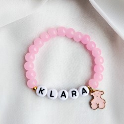 Bransoletka z imieniem dziecka różowa z misiem