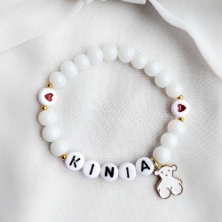 Bransoletka z imieniem dziecka z koralików z serduszkiem i misiem