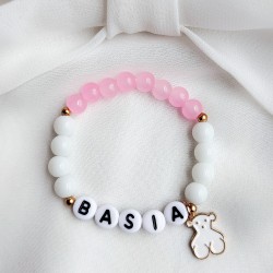 Bransoletka z imieniem dziecka z koralików różowo biała