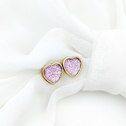 Kolczyki złote serduszka z różowym brokatowym oczkiem