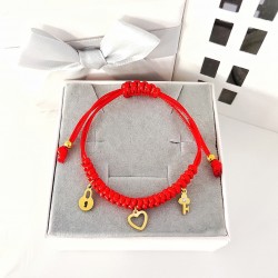 Bransoletka na sznurku z zawieszkami złote Serce Kluczyk Kłódka